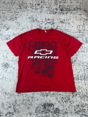 Chevy Racing T-Shirt Mens XL Red Crew Neck Bowtie Logo Sports Graphics Print Tee
